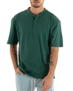 T-shirt Uomo Collo Bottoni Tinta Unita Verde Manica Corta Bianca Casual GIOSAL-TS2886A