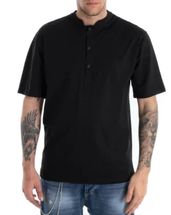 T-shirt Uomo Collo Bottoni Tinta Unita Nera Manica Corta Basic Casual GIOSAL-TS2696A