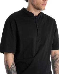 T-shirt Uomo Collo Bottoni Tinta Unita Nera Manica Corta Basic Casual GIOSAL-TS2696A