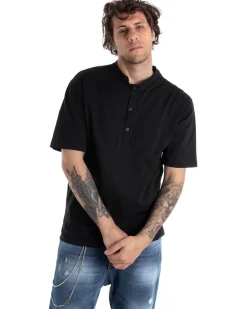 T-shirt Uomo Collo Bottoni Tinta Unita Nera Manica Corta Basic Casual GIOSAL-TS2696A