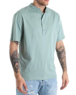 T-shirt Uomo Collo Bottoni Tinta Unita Verde Acqua Manica Corta Basic Casual GIOSAL-TS2695A
