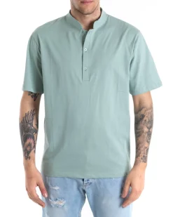 T-shirt Uomo Collo Bottoni Tinta Unita Verde Acqua Manica Corta Basic Casual GIOSAL-TS2695A
