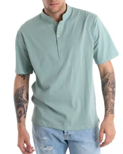 T-shirt Uomo Collo Bottoni Tinta Unita Verde Acqua Manica Corta Basic Casual GIOSAL-TS2695A