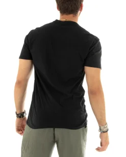 T-shirt Uomo Collo Serafino Bottoni Tinta Unita Maniche Corte Cotone Nero Casual GIOSAL-TS2960A