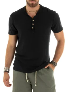 T-shirt Uomo Collo Serafino Bottoni Tinta Unita Maniche Corte Cotone Nero Casual GIOSAL-TS2960A