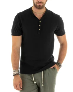T-shirt Uomo Collo Serafino Bottoni Tinta Unita Maniche Corte Cotone Nero Casual GIOSAL-TS2960A