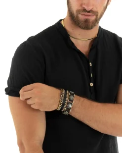 T-shirt Uomo Collo Serafino Bottoni Tinta Unita Maniche Corte Cotone Nero Casual GIOSAL-TS2960A