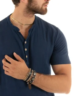 T-shirt Uomo Collo Serafino Bottoni Tinta Unita Maniche Corte Cotone Blu Casual GIOSAL-TS2959A