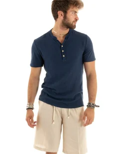 T-shirt Uomo Collo Serafino Bottoni Tinta Unita Maniche Corte Cotone Blu Casual GIOSAL-TS2959A