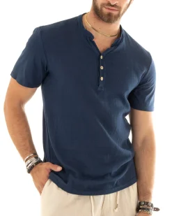 T-shirt Uomo Collo Serafino Bottoni Tinta Unita Maniche Corte Cotone Blu Casual GIOSAL-TS2959A