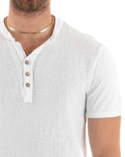 T-shirt Uomo Collo Serafino Bottoni Tinta Unita Maniche Corte Cotone Bianca Casual GIOSAL-TS2957A