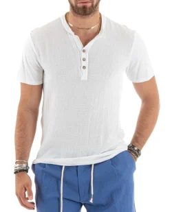 T-shirt Uomo Collo Serafino Bottoni Tinta Unita Maniche Corte Cotone Bianca Casual GIOSAL-TS2957A