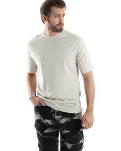 T-Shirt Uomo Con Stampa Maglia Maniche Corte Girocollo Cotone Beige GIOSAL-TS3031A