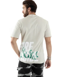 T-Shirt Uomo Con Stampa Maglia Maniche Corte Girocollo Cotone Beige GIOSAL-TS3031A