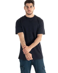 T-shirt Uomo Cotone Girocollo Gola Alta Basic Tinta Unita Blu TS2981A