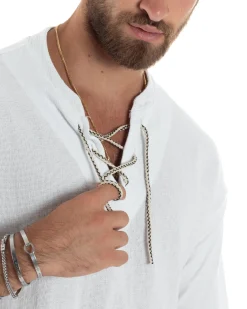 T-Shirt Uomo Cotone Regular Fit Collo Alla Coreana Con Laccio Scollo A V Casual Tinta Unita Bianco GIOSAL-TS3066A
