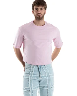 T-shirt Uomo Cropped Corta Boxy Fit Tinta Unita Rosa TS3003A