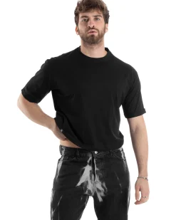 T-shirt Uomo Cropped Corta Boxy Fit Tinta Unita Nero TS3010A