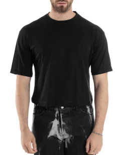 T-shirt Uomo Cropped Corta Boxy Fit Tinta Unita Nero TS3010A