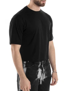 T-shirt Uomo Cropped Corta Boxy Fit Tinta Unita Nero TS3010A