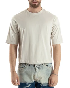 T-shirt Uomo Cropped Corta Boxy Fit Tinta Unita Beige TS3011A