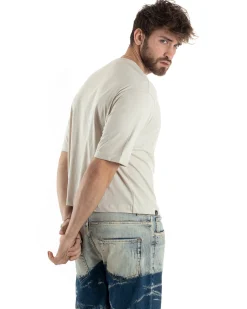 T-shirt Uomo Cropped Corta Boxy Fit Tinta Unita Beige TS3011A