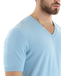 T-shirt Uomo Filo Maglia Scollo a V Celeste TS2865A