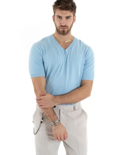 T-shirt Uomo Filo Maglia Scollo a V Celeste TS2865A