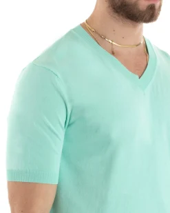 T-shirt Uomo Filo Maglia Scollo a V Verde Acqua TS2866A