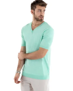 T-shirt Uomo Filo Maglia Scollo a V Verde Acqua TS2866A