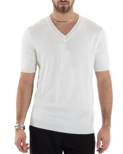 T-shirt Uomo Filo Maglia Scollo a V Bianco TS2868A