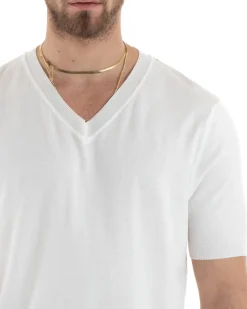 T-shirt Uomo Filo Maglia Scollo a V Bianco TS2868A