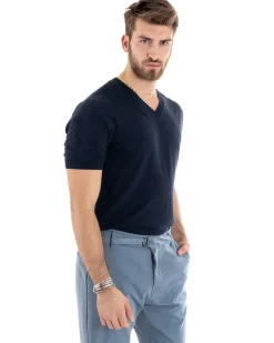 T-shirt Uomo Filo Maglia Scollo a V Blu TS2867A