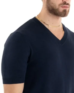 T-shirt Uomo Filo Maglia Scollo a V Blu TS2867A