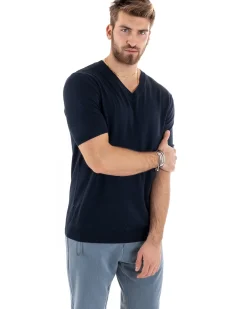T-shirt Uomo Filo Maglia Scollo a V Blu TS2867A