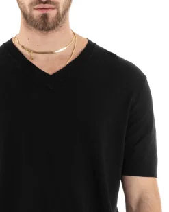 T-shirt Uomo Filo Maglia Scollo a V Nero TS2869A