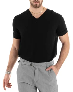 T-shirt Uomo Filo Maglia Scollo a V Nero TS2869A