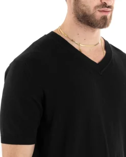 T-shirt Uomo Filo Maglia Scollo a V Nero TS2869A