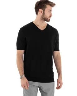 T-shirt Uomo Filo Maglia Scollo a V Nero TS2869A