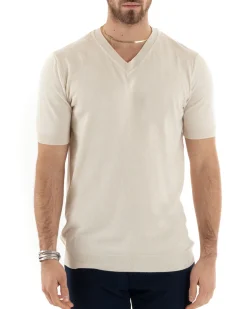 T-shirt Uomo Filo Maglia Scollo a V Beige TS2871A