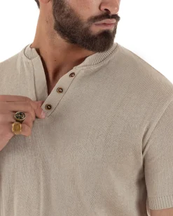 T-shirt uomo filo maglia scollo v serafino sottogiacca leggera beige GIOSAL-TS3221A