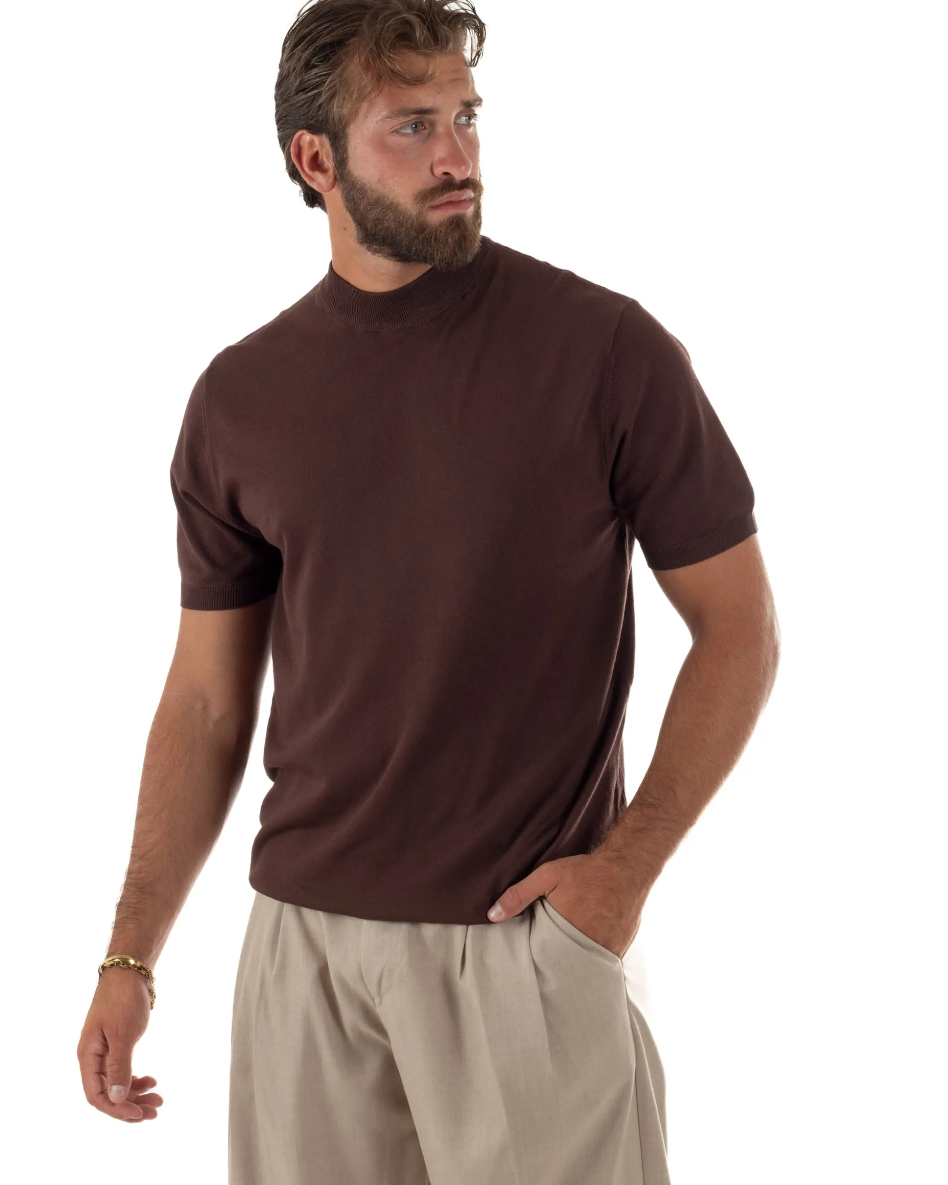 T-shirt uomo filo mezzocollo gola alta maglia basic sottogiacca marrone GIOSAL-TS3313A