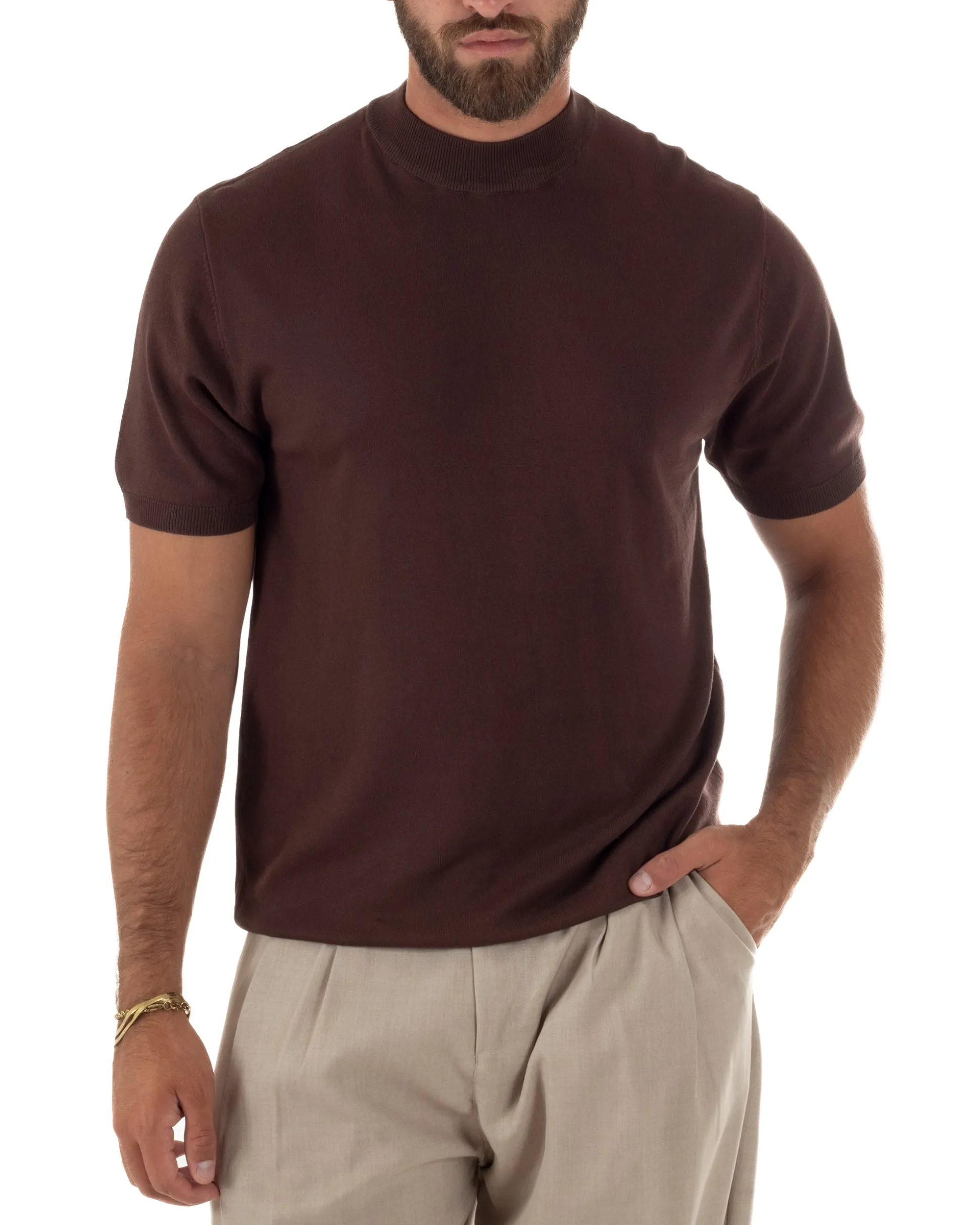 T-shirt uomo filo mezzocollo gola alta maglia basic sottogiacca marrone GIOSAL-TS3313A