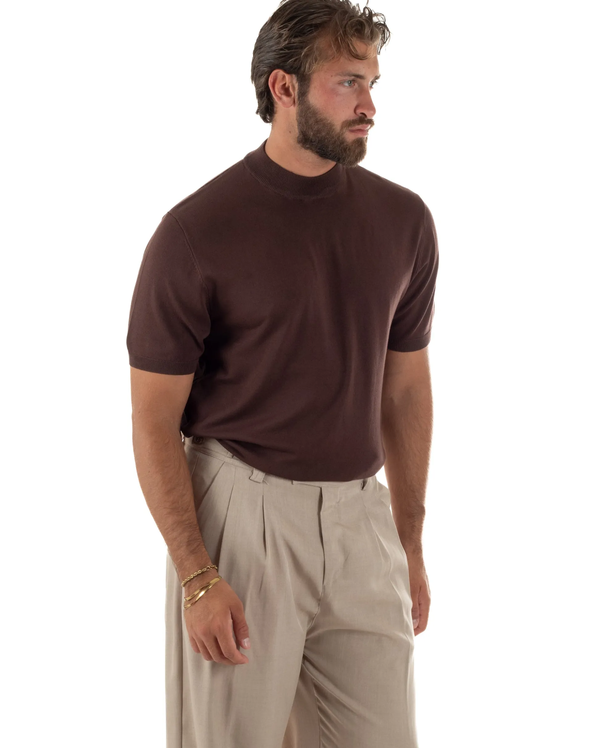 T-shirt uomo filo mezzocollo gola alta maglia basic sottogiacca marrone GIOSAL-TS3313A