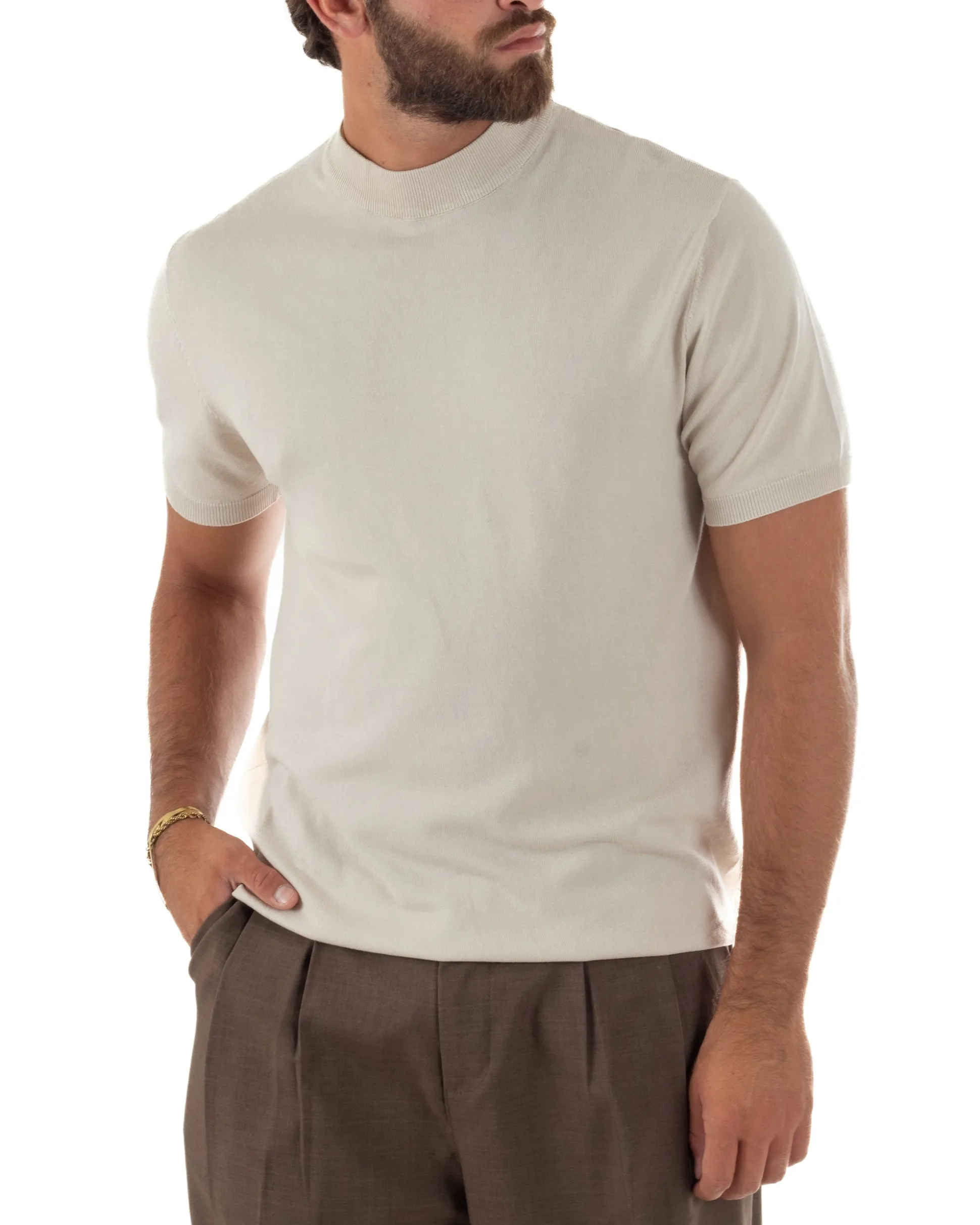 T-shirt uomo filo mezzocollo gola alta maglia basic sottogiacca beige GIOSAL-TS3312A