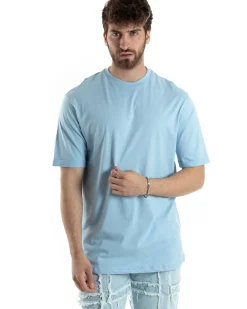 T-shirt Uomo Girocollo Basic Regular Fit Tinta Unita Celeste TS3062A