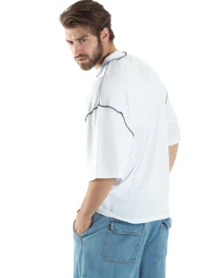 T-shirt Uomo Girocollo Boxy Fit Oversize Spalla Scesa Gola Alta Cuciture A Contrasto Cotone Bianco GIOSAL-TS3033A