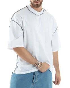 T-shirt Uomo Girocollo Boxy Fit Oversize Spalla Scesa Gola Alta Cuciture A Contrasto Cotone Bianco GIOSAL-TS3033A