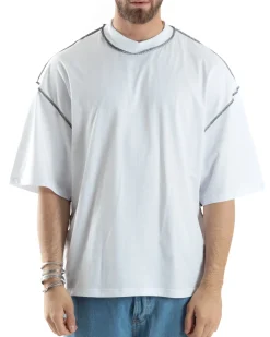 T-shirt Uomo Girocollo Boxy Fit Oversize Spalla Scesa Gola Alta Cuciture A Contrasto Cotone Bianco GIOSAL-TS3033A