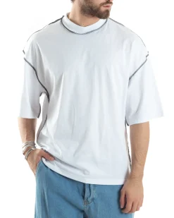 T-shirt Uomo Girocollo Boxy Fit Oversize Spalla Scesa Gola Alta Cuciture A Contrasto Cotone Bianco GIOSAL-TS3033A